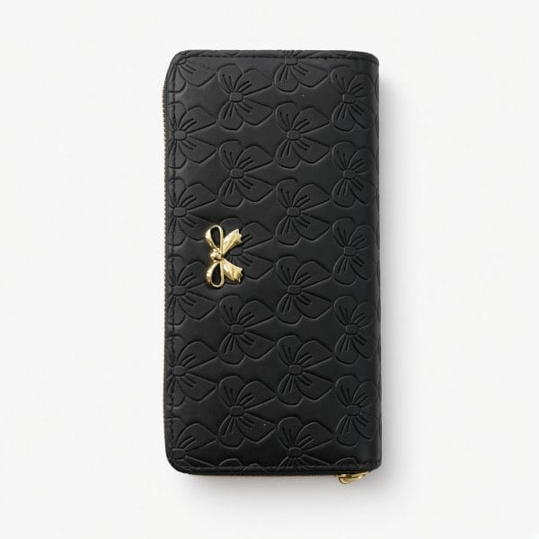 Black Embossed Bow Zip-Around Wallet