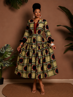 Black, gold, cream and red Ankara fit-and-flare midi dress with a full skirt, V-neckline and feather-trimmed sleeves.