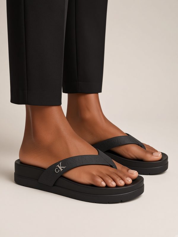 Calvin Klein Jeans Black Monogram Platform Flip-Flops