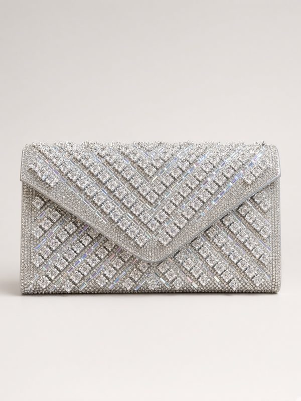 Silver Rhinestone Envelope Evening Clutch Bag