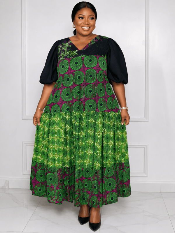 Emerald Circle Puff-Sleeve Maxi