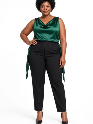 Plus-size model wearing emerald green sleeveless satin-look top with cowl neckline and long back-tie