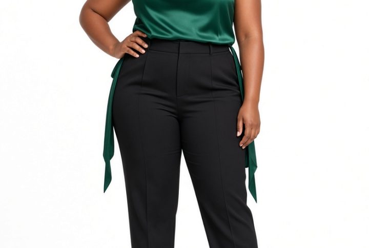 Plus-size model wearing emerald green sleeveless satin-look top with cowl neckline and long back-tie
