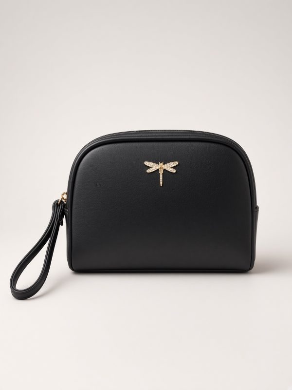 Black Dome Wristlet Clutch with Gold Dragonfly Embellishment