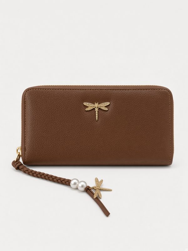 Brown Zip-Around Wallet with Dragonfly Detail