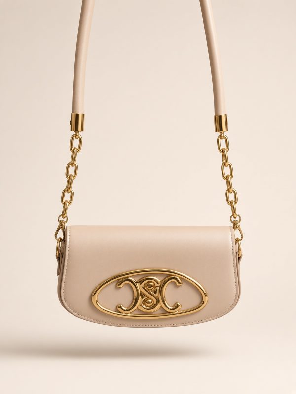 Beige Leather Oval Logo Shoulder Bag