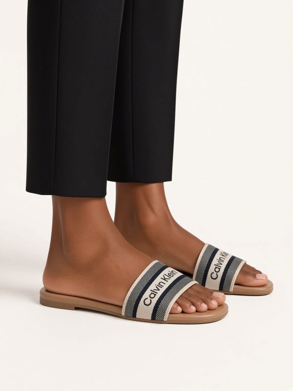 Calvin Klein Beige Canvas Logo Flat Slide Sandals