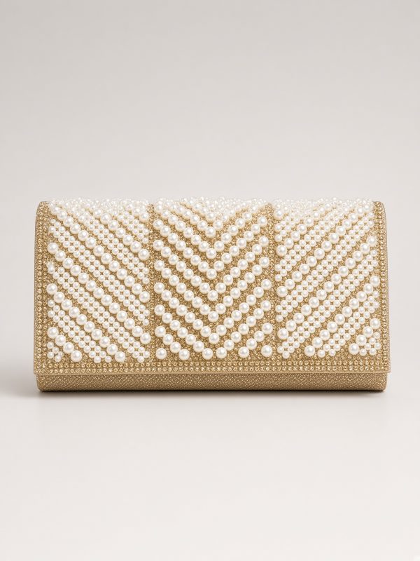 Gold Pearl Chevron Embellished Evening Clutch