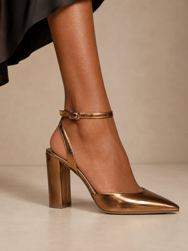 Jessica Simpson Metallic Bronze Ankle-Strap Block Heel Pumps