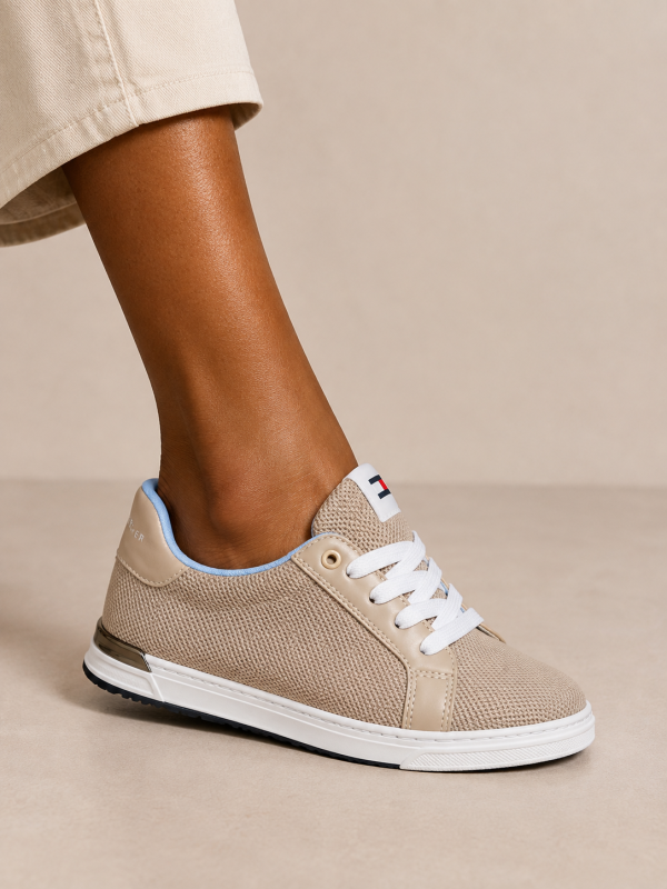 Tommy Hilfiger Tan Mesh Flag-Patch Low-Top Sneakers