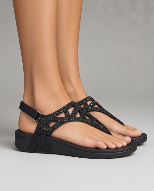 Step & Shape Black Laser-Cut Slingback Comfort Thong Sandals