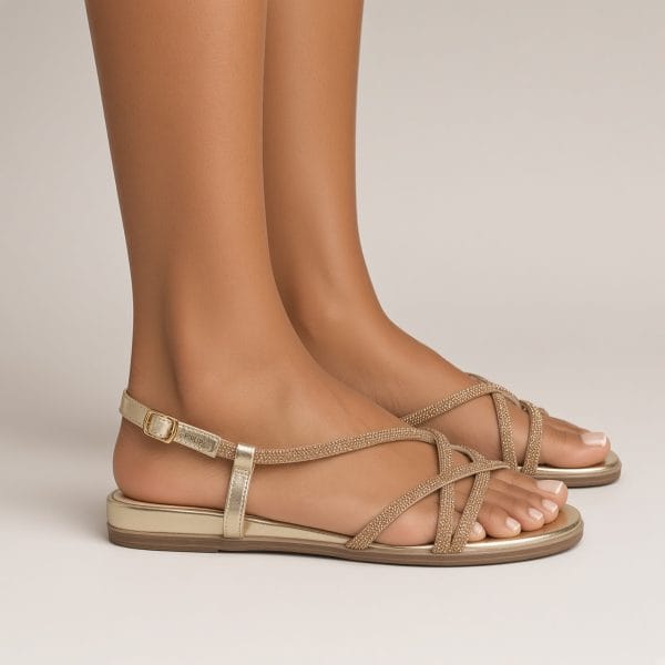 PHILOV Metallic Gold Rhinestone Strappy Flat Sandals
