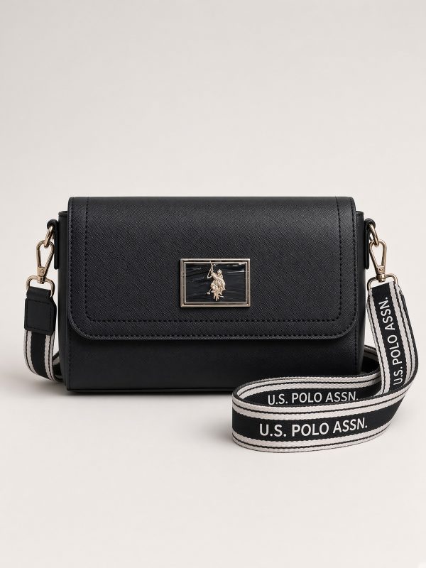 U.S. Polo Assn. Black Saffiano Flap Crossbody Bag with Enamel Logo Badge