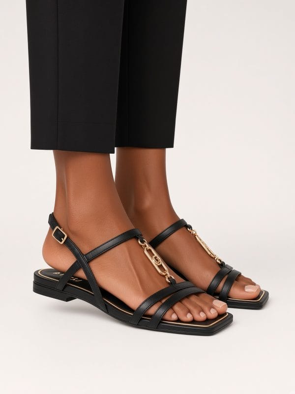 ALDO Black Gold-Chain Square Toe Low Heel Sandals