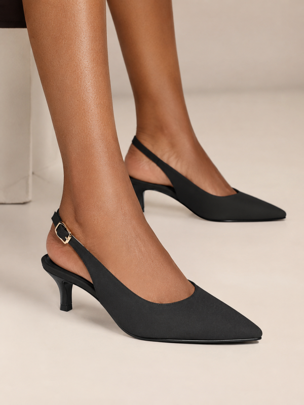 Black Suede Pointed-Toe Slingback Kitten Heels