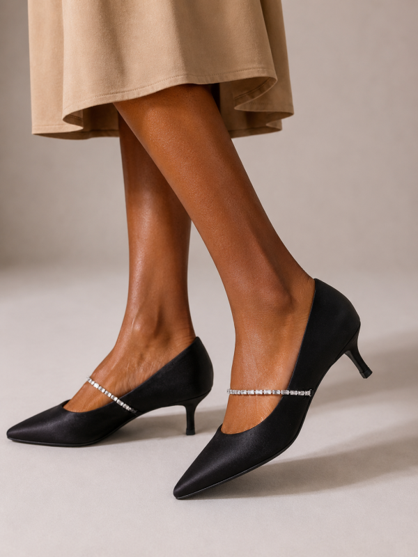 Charles & Keith Black Satin Gem-Embellished Mary Jane Kitten Heels