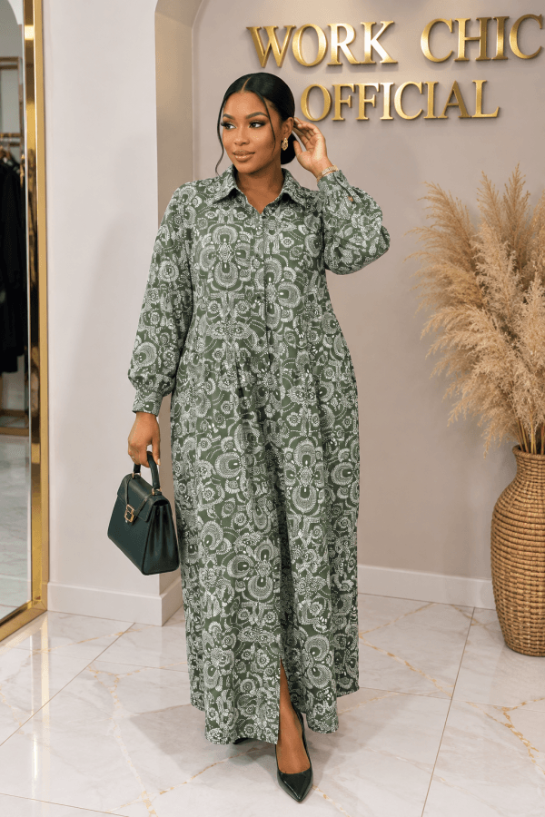 Olive Green Printed Long-Sleeve Maxi Shirt Dress