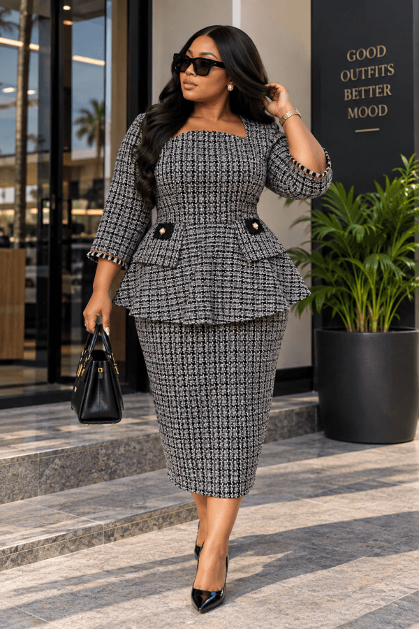 TWEED PEPLUM SQUARE-NECK GOWN