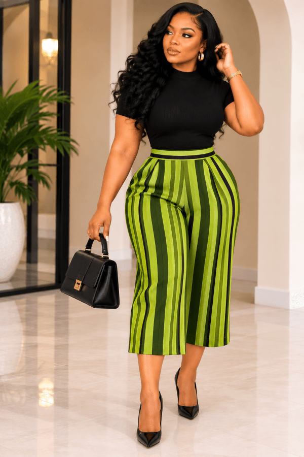 GREEN STRIPED WIDE-LEG TROUSERS